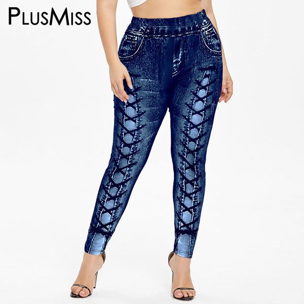 

plusmiss plus size 5xl 3d jeans denim printed legging women big size fitness jeggings lace up leggins skinny legins xxxxl xxxl, Black