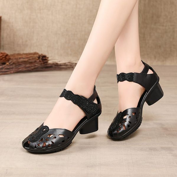 

gktinoo 2020 summer genuine leather shoes gladiator sandals women 5cm high heels classic black peep toe hollow ladies sandals