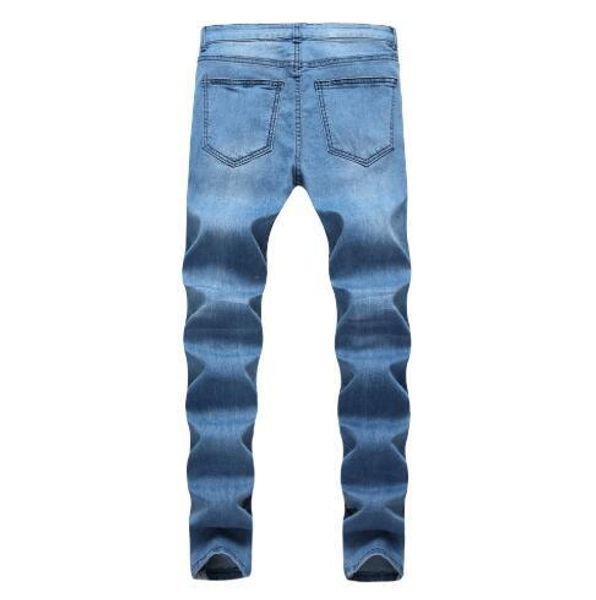 

2019 designer european and american mens jeans high street hole stretch slim feet denim trousers personality design mens jeans wholesale, Blue