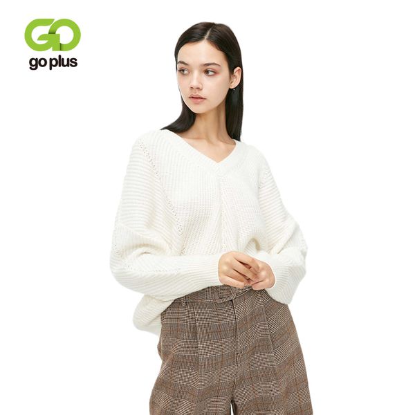 

goplus 2019 мода весна хлопок вязаный свитер женщины v-образным вырезом форме крыла летучей мыши рукава пуловеры дамы befree повседневная св, White;black