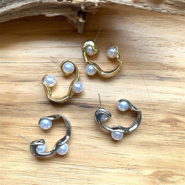 

aomu hyperbole personality metallic gold silver irregular geometric pearl twisted stud earrings for women gifts party jewelry, Golden;silver