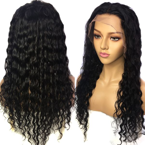 

lace front wig 13x6 brazilian water wave lace front human hair wigs pre plucked with baby hair remy hair wigs, Black