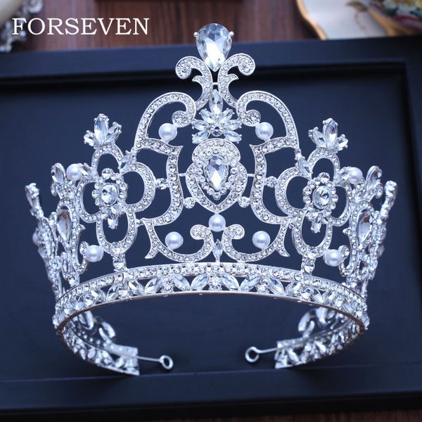 

luxurious crystal pearl tiara crowns hair accessories for wedding bride head piece king crown headdress wedding tiara pearl hair, Golden;white