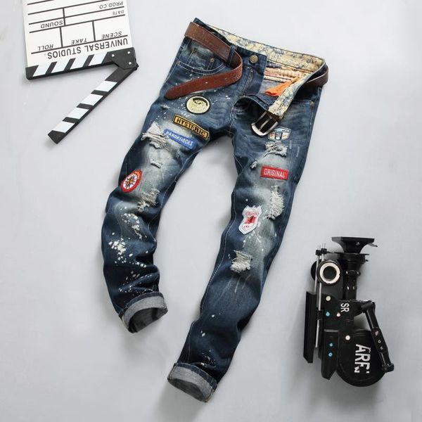 

men jeans fashion patches hole washed embroidery bleached long distrressed zipper fly straight cotton blend size 28-34 11, Blue