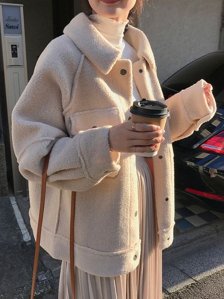 

lamb fur fur coat female thickening winter new loose plush jacket shirt, Black;brown