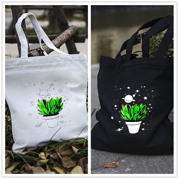 

yile zippered cotton canvas eco shopping tote shoulder bag print plant pot star d011