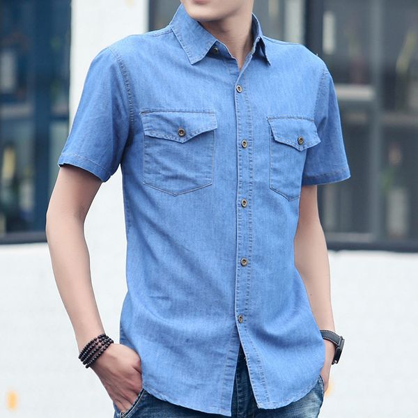 

summer 2019 thin casual denim shirt for men short sleeve slim fit cotton dress shirts fashion men shirts, White;black