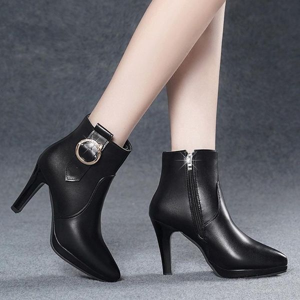 

new ankle boots 2019 women high heels party shoes luxury black thin heel zipper short boots woman solid color pointed toe shoes