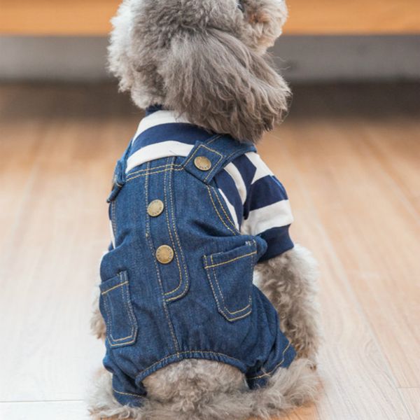 

new spring and summer teddy bichon dog pet clothes cowboy striped four legs jeans dog clothes dog apparel high quality