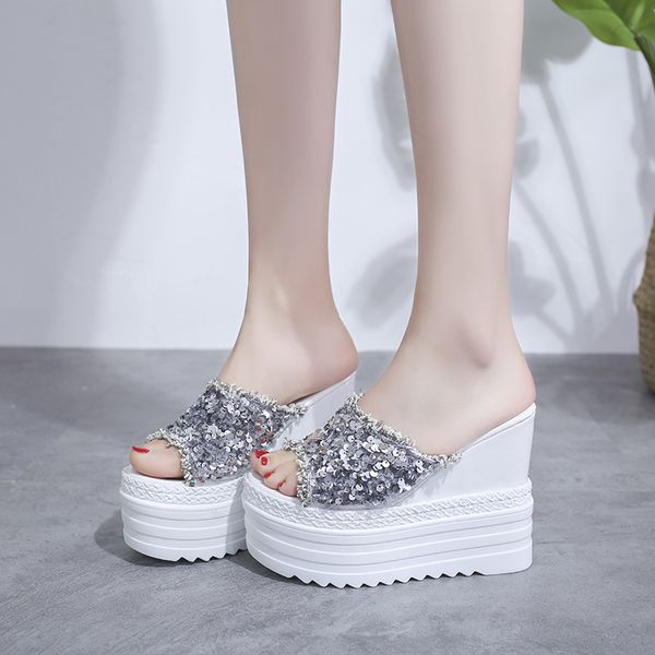 

woman slippers sequined cloth ladies fashion slides female bling wedges women platform shoes women's comfortable footwear 2020, Black