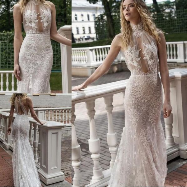 

лиан рокман 2019 свадебные платья сексуальная высокая шея кружева аппликация бусины развертки поезд boho свадебное платье богемия пляж русал, White