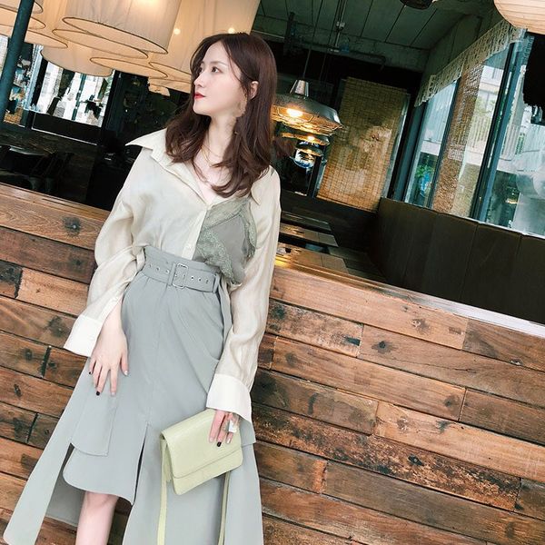 

fashion women skirt suits lace patchwork shirt and slim skirts two pieces sets casual ol work outfits female, White