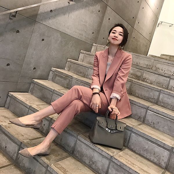 

women's suits & blazers autumn women pant double breasted notched collar jacket blazer sashes casual female 2021 high quality, White;black