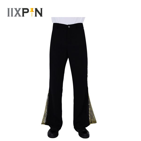 

mens retro 70s disco dance pants mid waist bell bottom flared side with sequins dance long trousers dancing pants for men, Black;red