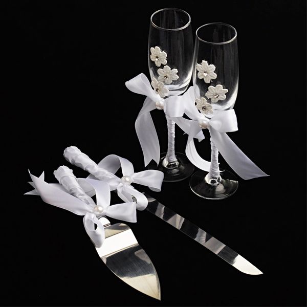 

set of 4 wedding party event favors & gift cake knife & server champagne glass set