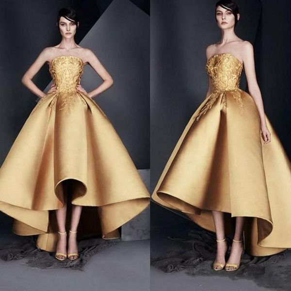 Designer High Low Gold-Abschlussball-Kleider 2020 Strapless Satinapplique Knöchel-Längen-formales Cocktailkleid Petite Robes de