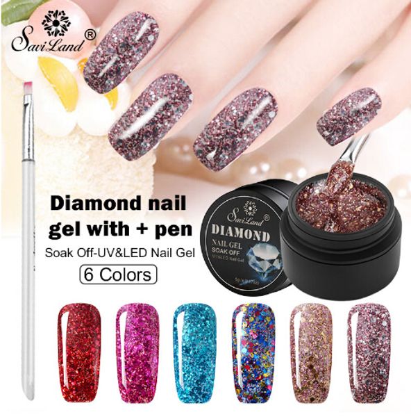 

saviland super shining diamond nail art gel polish 6pcs nail gel + gel pen glitter starry platinum paint nail varnish, Red;pink