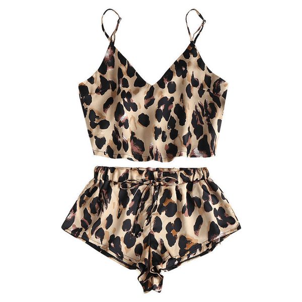 

2pcs pajamas set 2019 leopard print summer clothes fashion sleepwear babydoll vest elastic waist shorts femme, Blue;gray