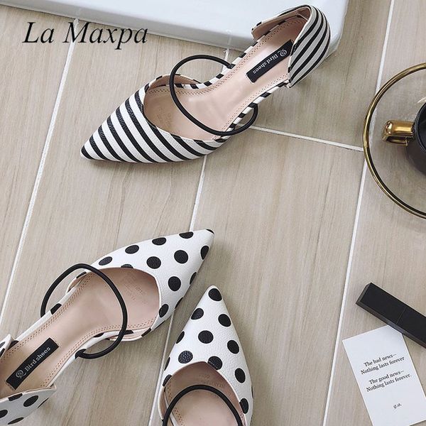 

la maxpa summer polka dot women sandals pointed toe women stripe 6cm thin heel ladies slippers comfortable slip on shoes pumps, Black