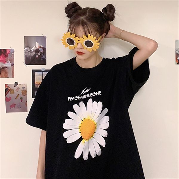 

little daisy 2020 clothes short-sleeved t-shirt women's loose large size chrysanthemum printed clothes ins women's clothing, White