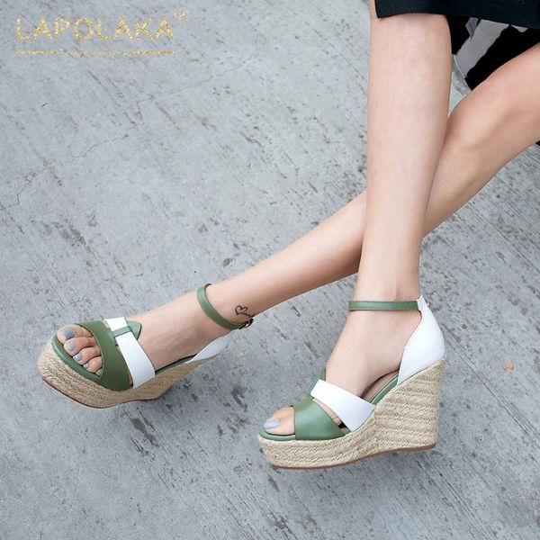 

lapolaka 2020 new arrivals genuine cow leather platform shoes women sandals female wedge high heels buckle strap summer sandals, Black