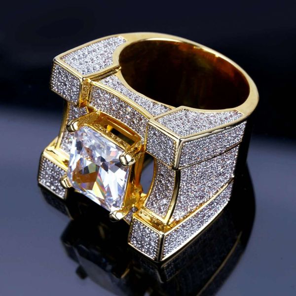 

hip hop bling bling gem rings for men luxury diamonds rapper ring 18k gold plated copper zircons gold jewelry gifts for bf lovers husband, Golden;silver