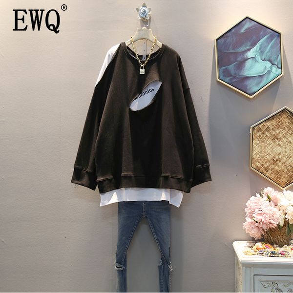 

ewq] 2019 autumn winter new pattern round collar fake two piece letter print patchwork pullovers casual sweatshirt women ak029, Black