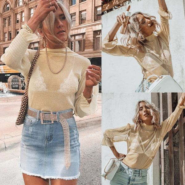 

women sheer mesh fish net long sleeve turtle neck see crop tank, White