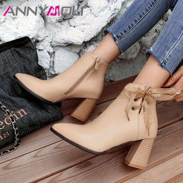 

annymoli winter ankle boots women riband thick high heel short boots bow zipper pointed toe shoes female autumn large size 34-46, Black