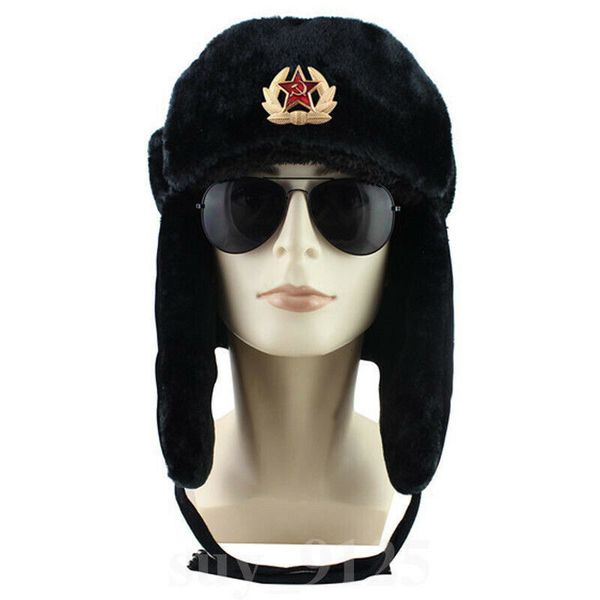 

women men bomber hats russian trapper hat with soviet badge ushanka cossack warm fur ear flaps black pink, Blue;gray