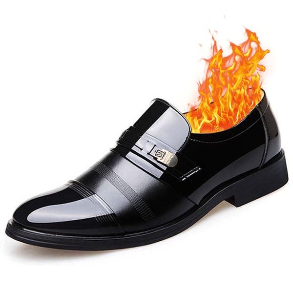 

height increasing 6cm formal shoes men winter warm with velvet quality patent leather shoes pointed toe leather soft mens dress shoes, Black