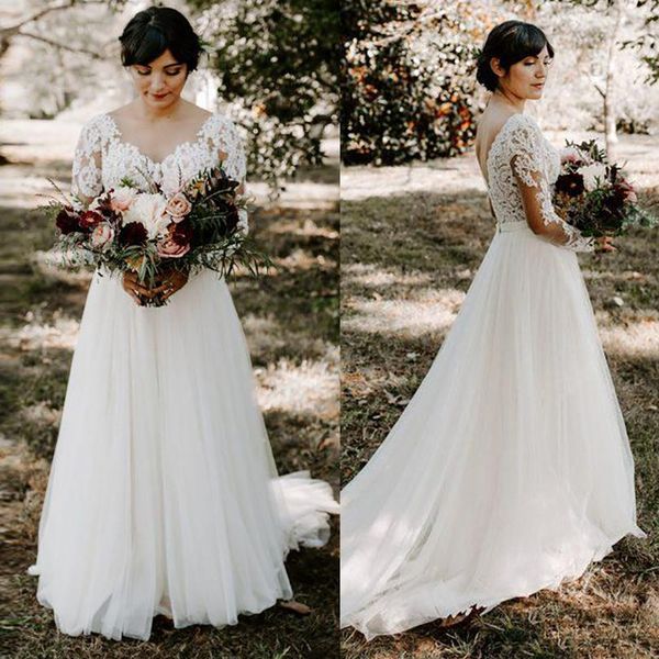 

2019 Summer V Neck A Line Lace Appliques Beach Wedding Dresses Plus Size Long Sleeve Boho Wedding Dresses Floor Length Bohemian Bridal Gowns, White