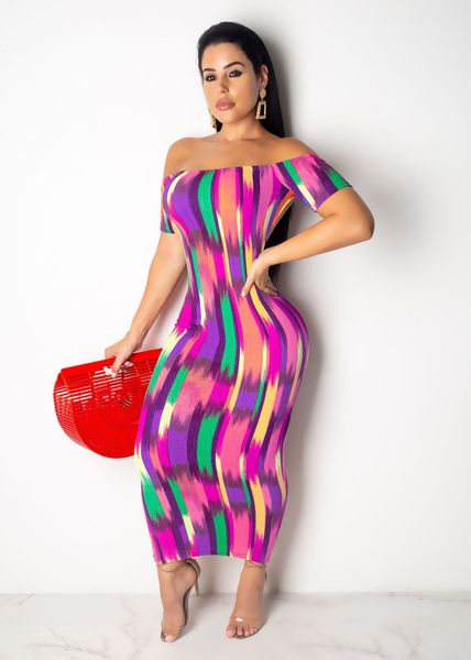 

независимая станция горячего европейских и американских женщин sexy радуга полосатый backless вне шеи платье, White;black