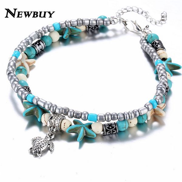 

newbuy 2018 fashion vintage shell beads starfish anklets for women multi layer anklet leg bracelet handmade bohemian jewelry, Red;blue