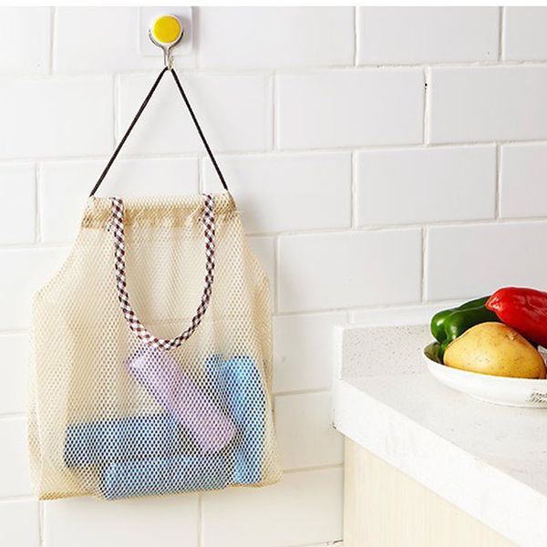 

3pcs 29*26cm beige reusable washable mesh fruit vegetable storage bag kitchen shopping