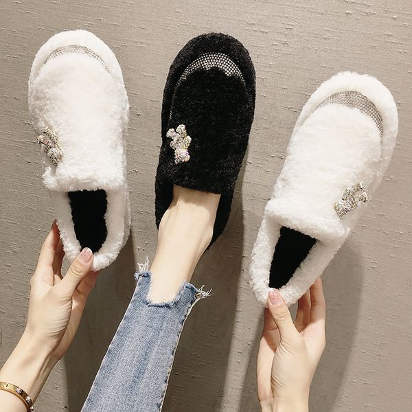 

korean shoes casual female sneakers crystal all-match loafers fur women women's moccasins round toe flats 2019 rhinestone new, Black
