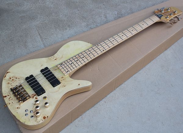 

5 strings natural wood color electric bass with neck-thru-body,gold hardware,maple fingerboard,can be customized