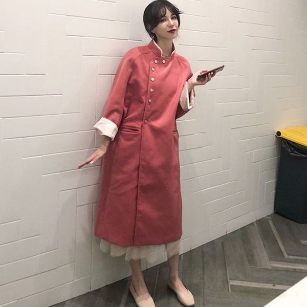 

ewq] 2019 autumn winter new korean style long-sleeved stand collar pink woolen coat sweet plus size ladies warm overcoat ql488, Black
