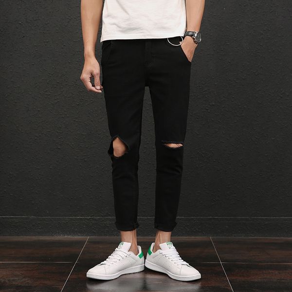 

колено дырки джинсы-мужчины straight stretch брюки мужские джинсы узкие уличная мужчины черный и bule брюки torn urban hip hop hombre, Blue