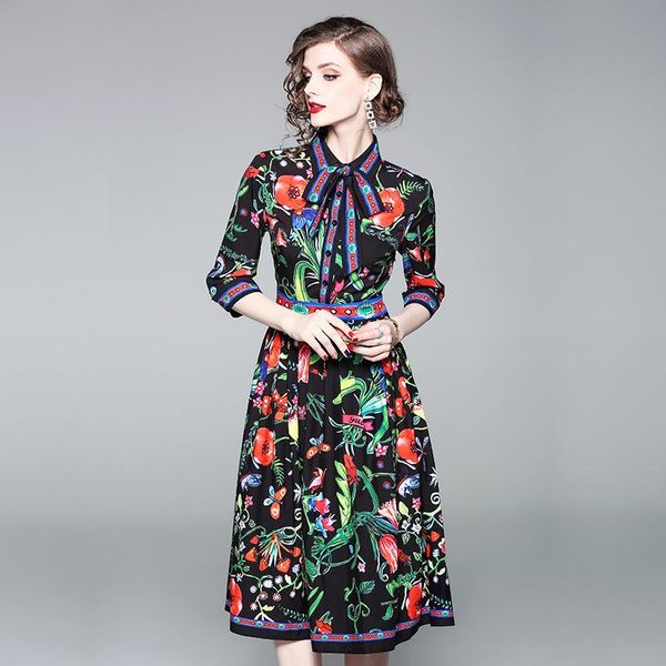 

retro dresses new slim women originally created butterfly tie seven-sleeve printed high-waist medium-length skirt ing, Black;gray