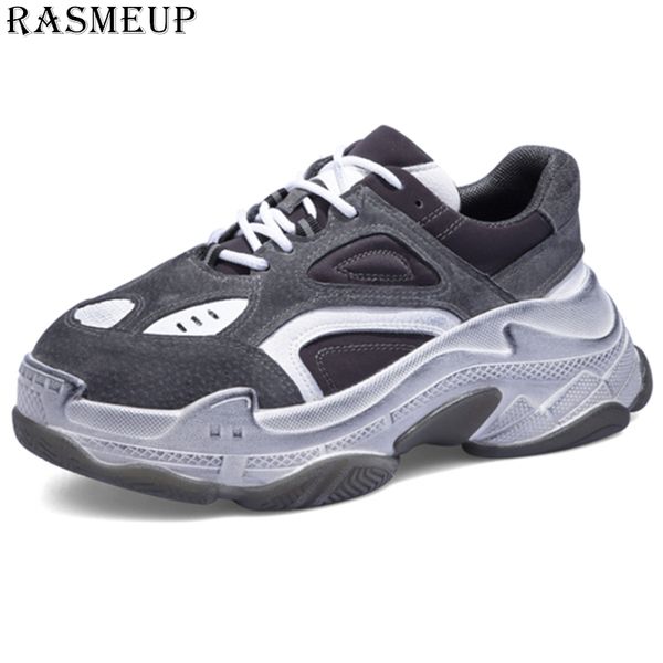 

rasmeup genuine leather retro dirty women's chunky sneaker 2019 fashion vintage platform women dad shoe woman trainers plus size, Black