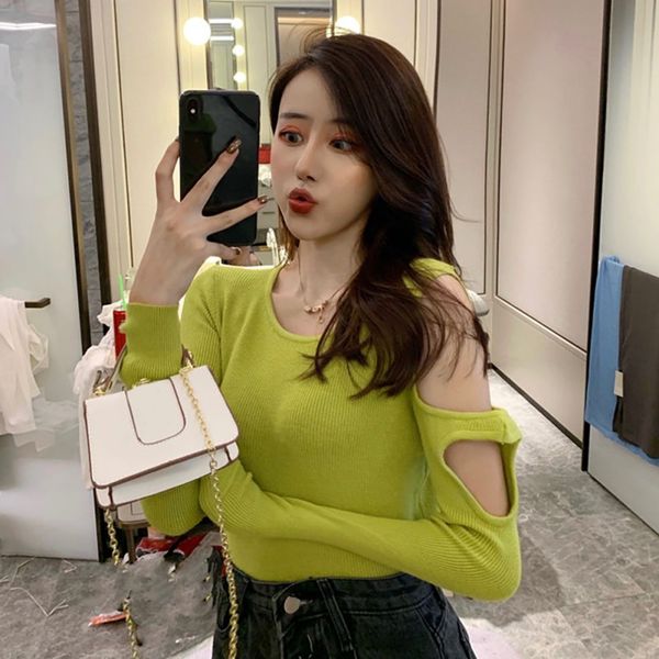 

new fashion women pullover female knitwear casual solid o-neck sweaters off shoulder long sleeve knitting sweater, White;black