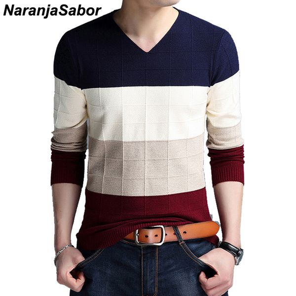 

naranjasabor autumn winter wool pullover men 2019 slim knitted v-neck sweater men casual fashion striped brand clothing n533, White;black