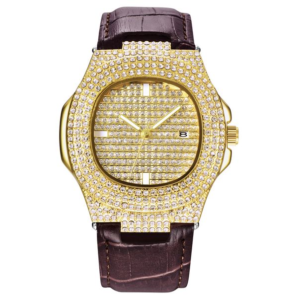 

bling men's watch diamonds strap rhinestone quartz mans watches relogio wristwatch unique leather steel stainless rtuvb, Slivery;brown
