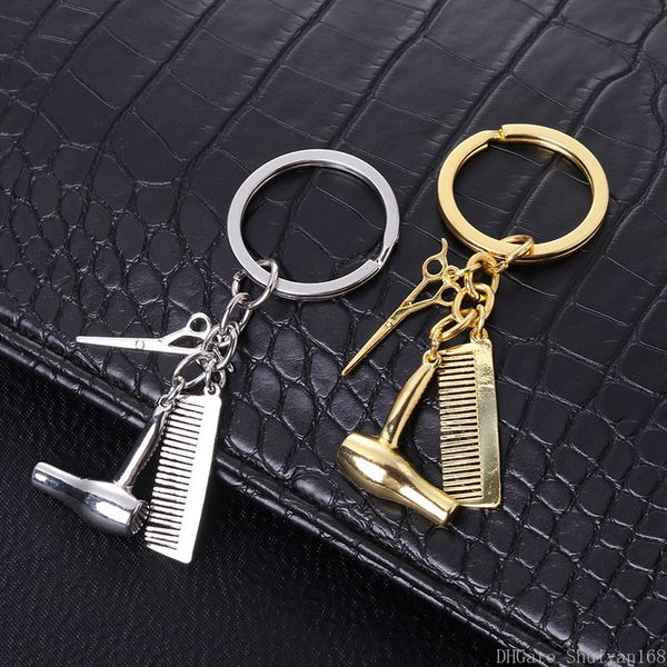 

personality couple key chain hair dryer combs scissors pendant keychains tools hair stylist scissor blow key ring jewelry christmas gift, Slivery;golden