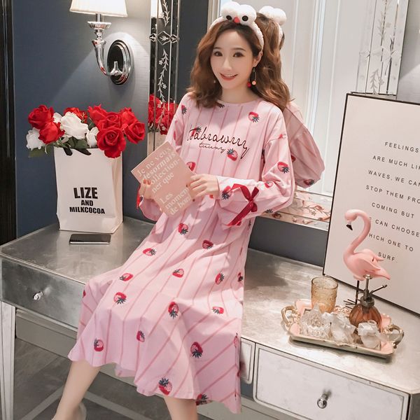 

cotton nightdress female spring and autumn dress nightgowns women long sleeved night dress simple indoor clothing 2019 new style, Black;red