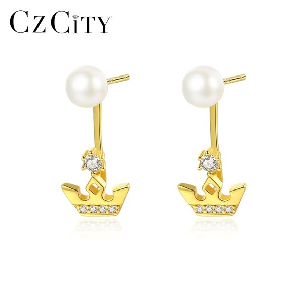 

czcity 925 sterling silver popular detachable crown stud earrings for women pearl earrings jewelry female party accessories gift, Golden;silver