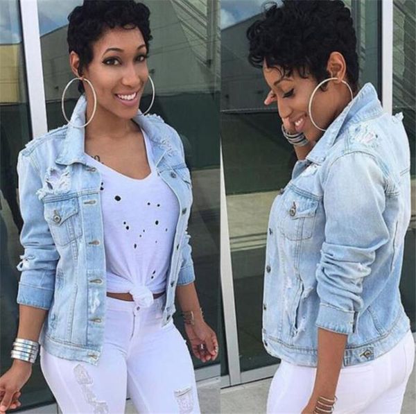

Women Hole Pocket Jeans Jackets Plus Size Long Sleeve Fashion Female Coat Casual Spring Women Tops Outwear