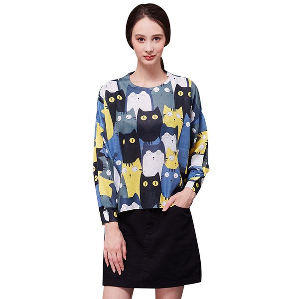

cat print pullover for women 2019 fashion loose and long sleeve knitted sweaters, White;black