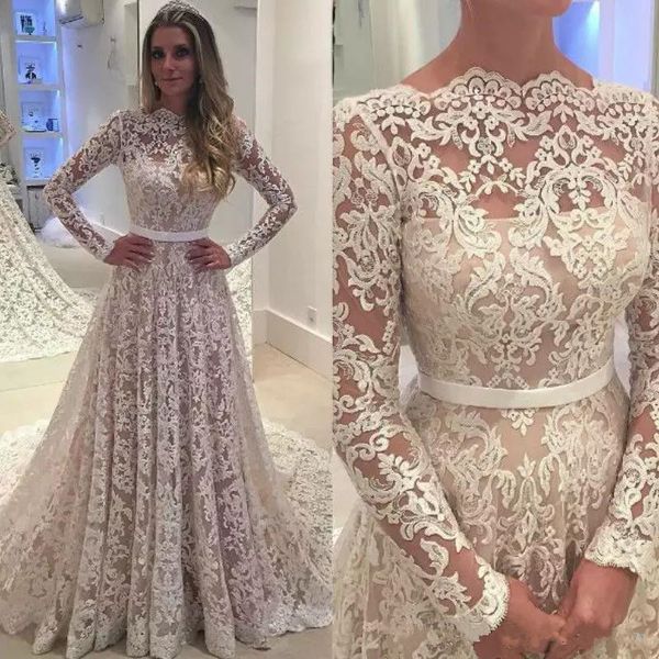 Abiti da sposa in pizzo a maniche lunghe Vestido De Noiva Renda 2019 Nuovo abito da sposa sexy senza schienale per l'autunno